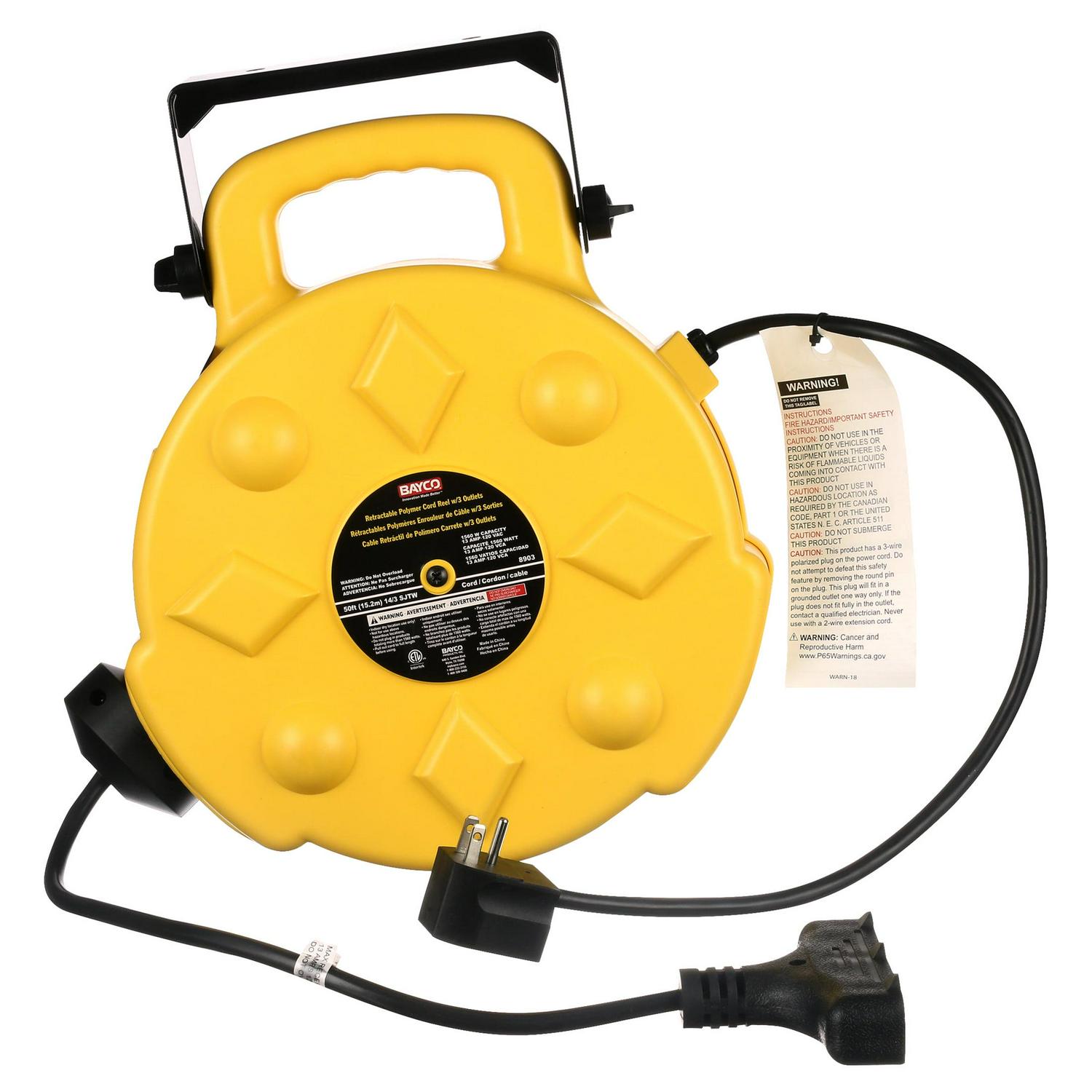 Bayco Lighting SL8903 50ft Retractable Polymer Cord Reel w/ 3 Outlets