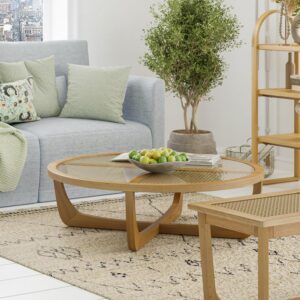 Beautiful by Drew Barrymore Round Rattan & Glass Coffee Table with Solid Wood Frame, Warm Honey Finish