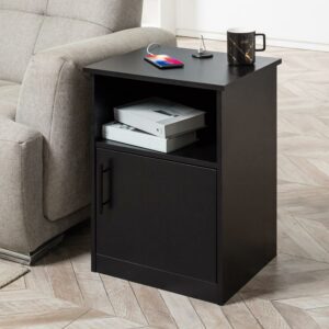 Benton Park Nightstand with Cabinet, 24"H Black Bedside Table with 3 USB Ports for Bedroom Living Room