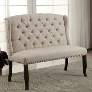 Benzara Nailhead Trim Fabric Upholstered Wing Back Wooden Bench, Beige and Black