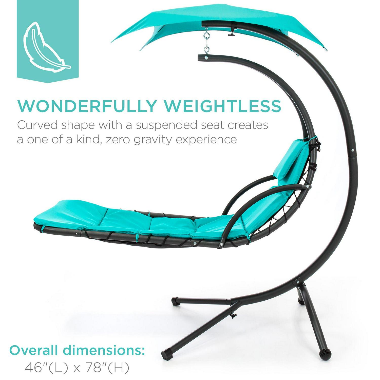 Best Choice Products Hanging Curved Chaise Lounge Chair Swing for Backyard, Patio w/ Pillow, Shade, Stand - Teal - Image 2
