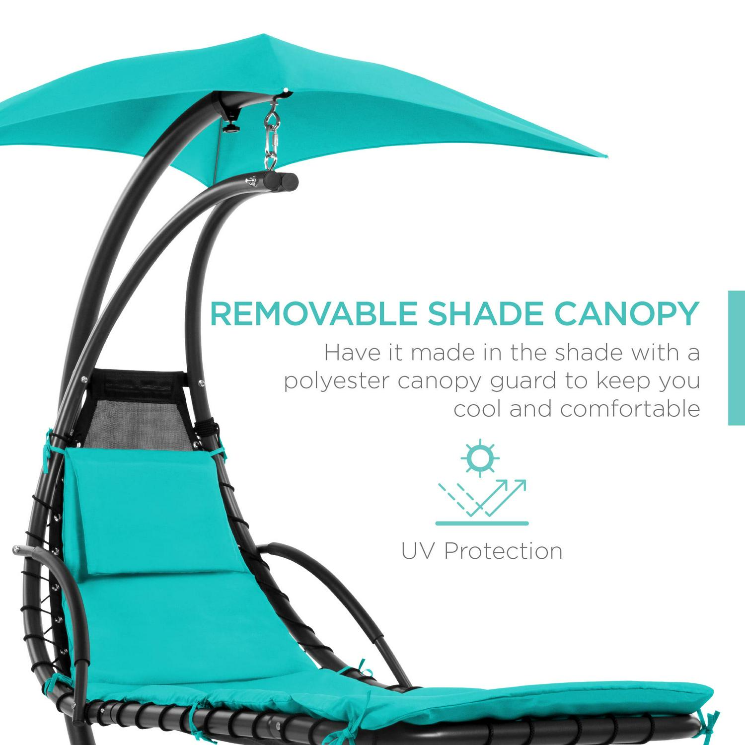 Best Choice Products Hanging Curved Chaise Lounge Chair Swing for Backyard, Patio w/ Pillow, Shade, Stand - Teal - Image 3
