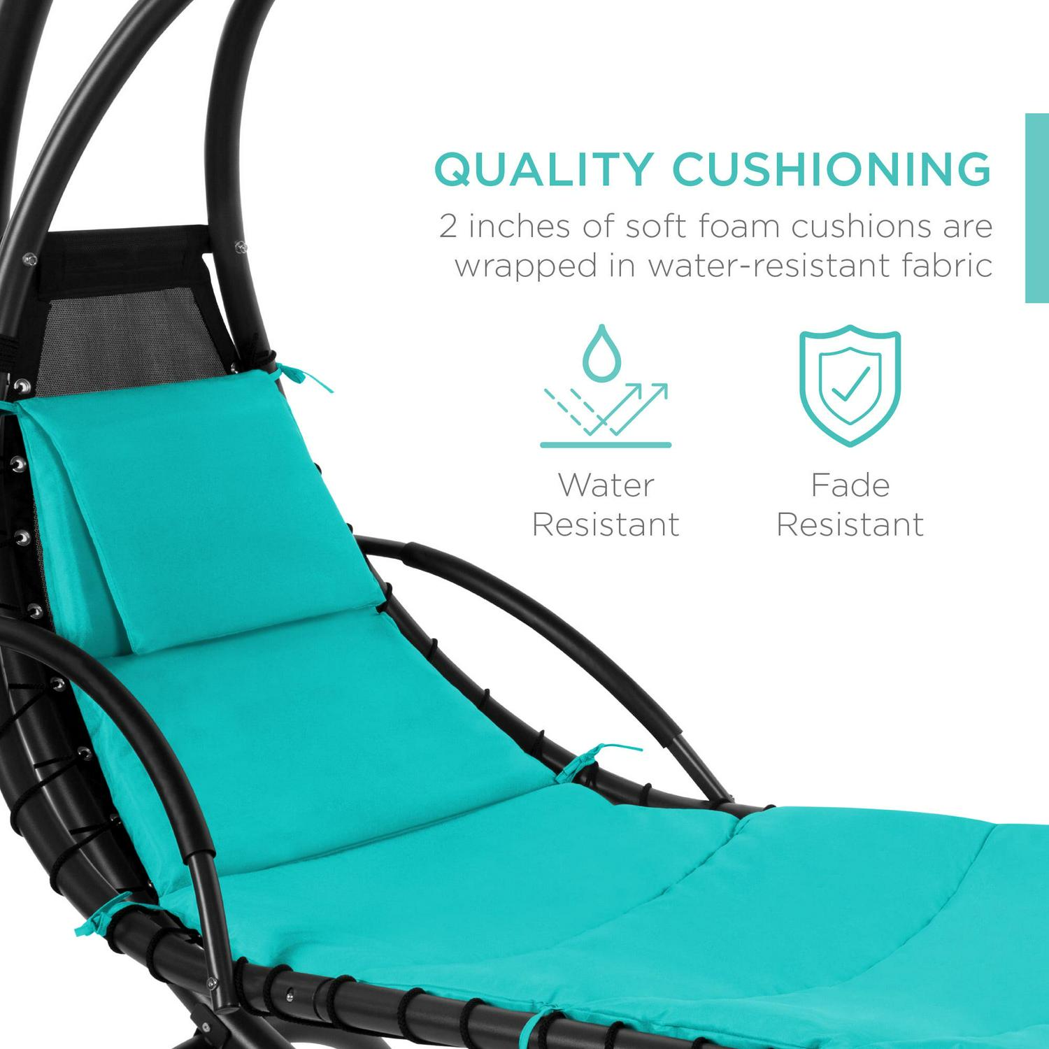 Best Choice Products Hanging Curved Chaise Lounge Chair Swing for Backyard, Patio w/ Pillow, Shade, Stand - Teal - Image 4