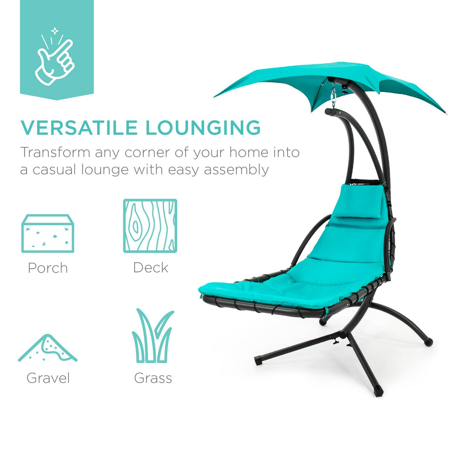 Best Choice Products Hanging Curved Chaise Lounge Chair Swing for Backyard, Patio w/ Pillow, Shade, Stand - Teal - Image 5