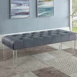 Best Master Suede Fabric Upholstered Tufted Bench in Gray/Acrylic Legs