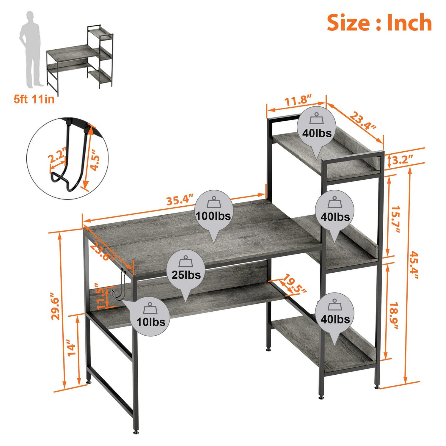 Bestier 47 Inch Computer Desk with Under Desk and Side Storage Shelves in Grey - Image 3