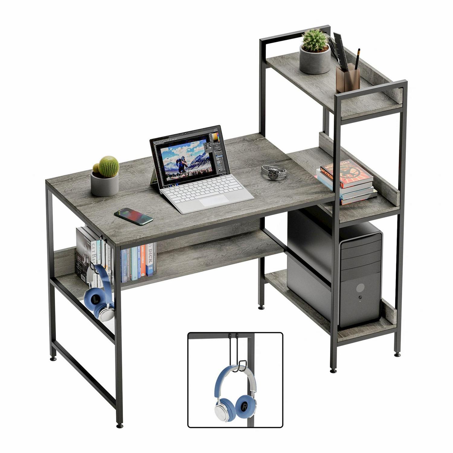 Bestier 47 Inch Computer Desk with Under Desk and Side Storage Shelves in Grey - Image 8