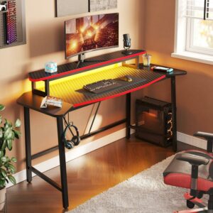 Bestier Gaming Desk 63" Ergonomic Computer Table with LED Lights Monitor Stand Cup Holder, Carbon Fiber