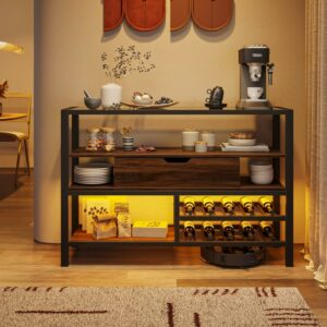 Bestier Buffet Sideboard Bar Cabinet with Wine Racks Drawer and LED Lights, Glass Top Kitchen Island with Storage, Walnut