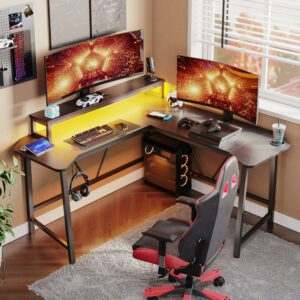 Bestier L-Shaped Gaming Desk 57 Inch Corner Computer Desk with LED Lights & Monitor Riser, Black
