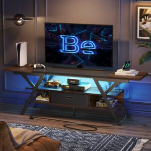 Bestier 70 Inch Modern TV Stand, Console Table with Power Outlets & LED Lights, Walnut