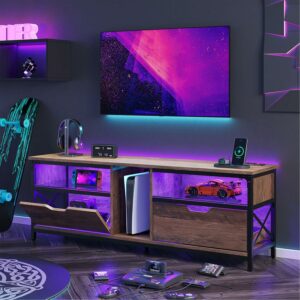 Bestier Modern TV Stand with Charging Station & RGB LED Lights for TVs up to 75", Weathered Rustic Oak