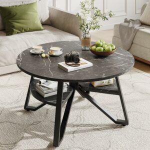 Bestier Round Coffee Table with Storage, Living Room Tables with Sturdy Metal Legs, Black Marble