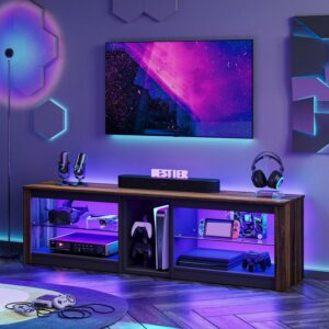 Bestier TV Stand for TVs up to 70", Console Table with RGB LED Lights and Storage Cabinet, Walnut