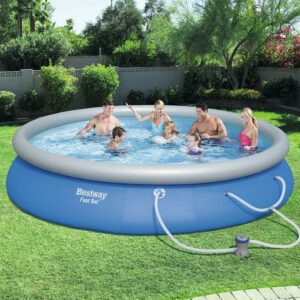 Bestway: Fast Set Pool Set - 15' x 33" - Blue, Inflatable Above Ground Swimming Pool, Water Filter Pump, Tritech Material, 2,556 Gal, Fill-Rise Setup