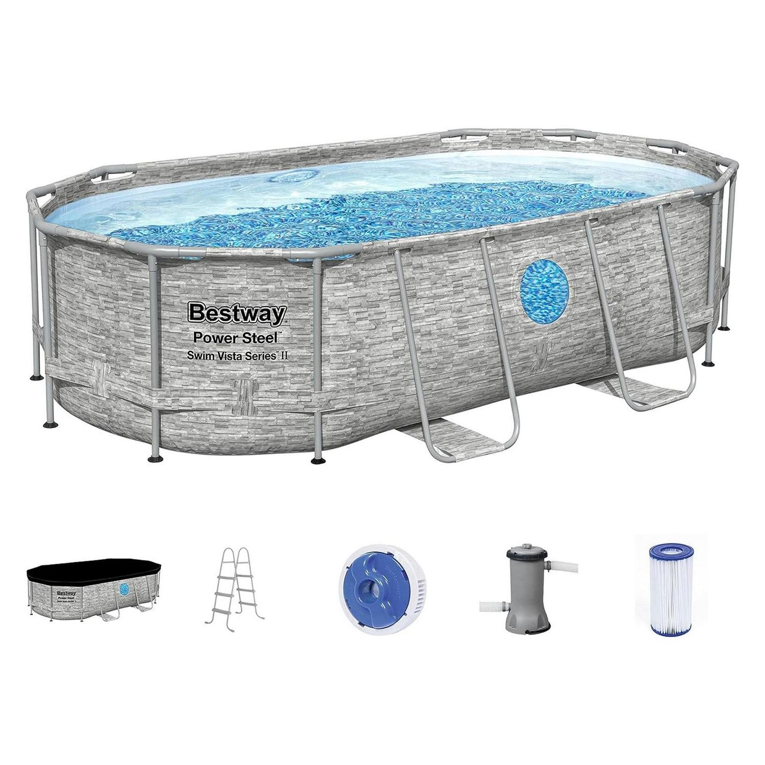 Bestway Power Steel Swim Vista 14’ x 8'2" x 39.5” Metal Frame Above Ground Pool, Stone
