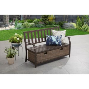 Better Homes & Gardens Camrose Farmhouse Steel Outdoor Bench with Wicker Storage Box, Bronze/Brown