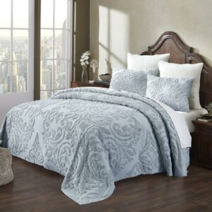 Better Trends 3 Piece Full/Double Bedspread Set 100% Cotton Tufted Floral Vineyard Pattern Soft & Luxurious Feel, Machine Washable (Blue) Rylee Collection