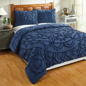 Better Trends Chenille Comforter Set Queen Size 3 Piece 100% Cotton Soft & Cozy All Season Bedding Cleo Collection - Navy