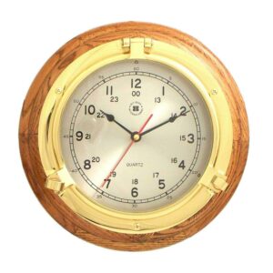 Bey-Berk SQ508 Lacquered Brass Porthole Quartz Clock on Oak Wood, Brown