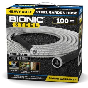 Bionic Steel Garden Hose 100' ft Water Hose For Outside Heavy Duty Metal Hose Stainless Steel with Spray Nozzle Kink-Free