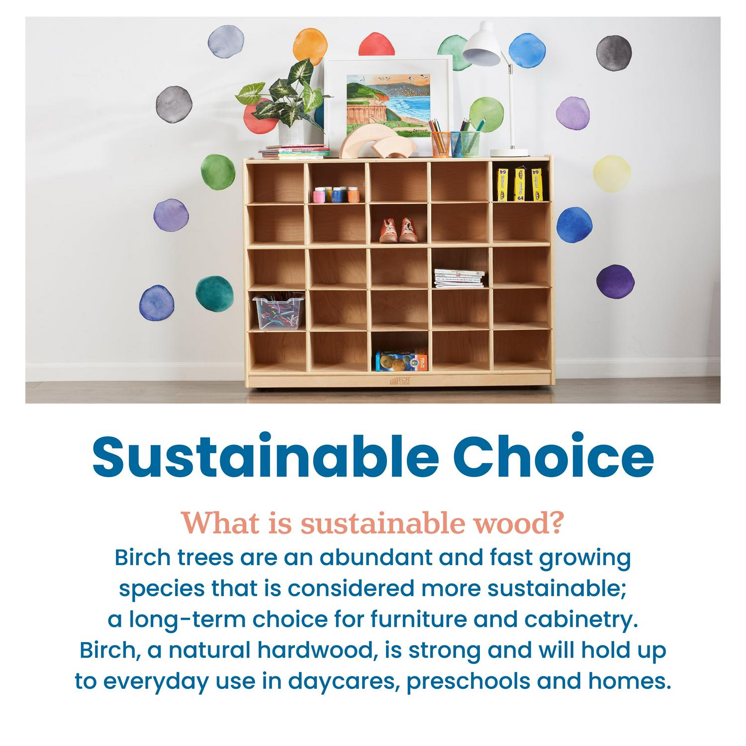 ECR4Kids 25 Cubby Mobile Tray Storage Cabinet, 5x5, Natural - Image 5