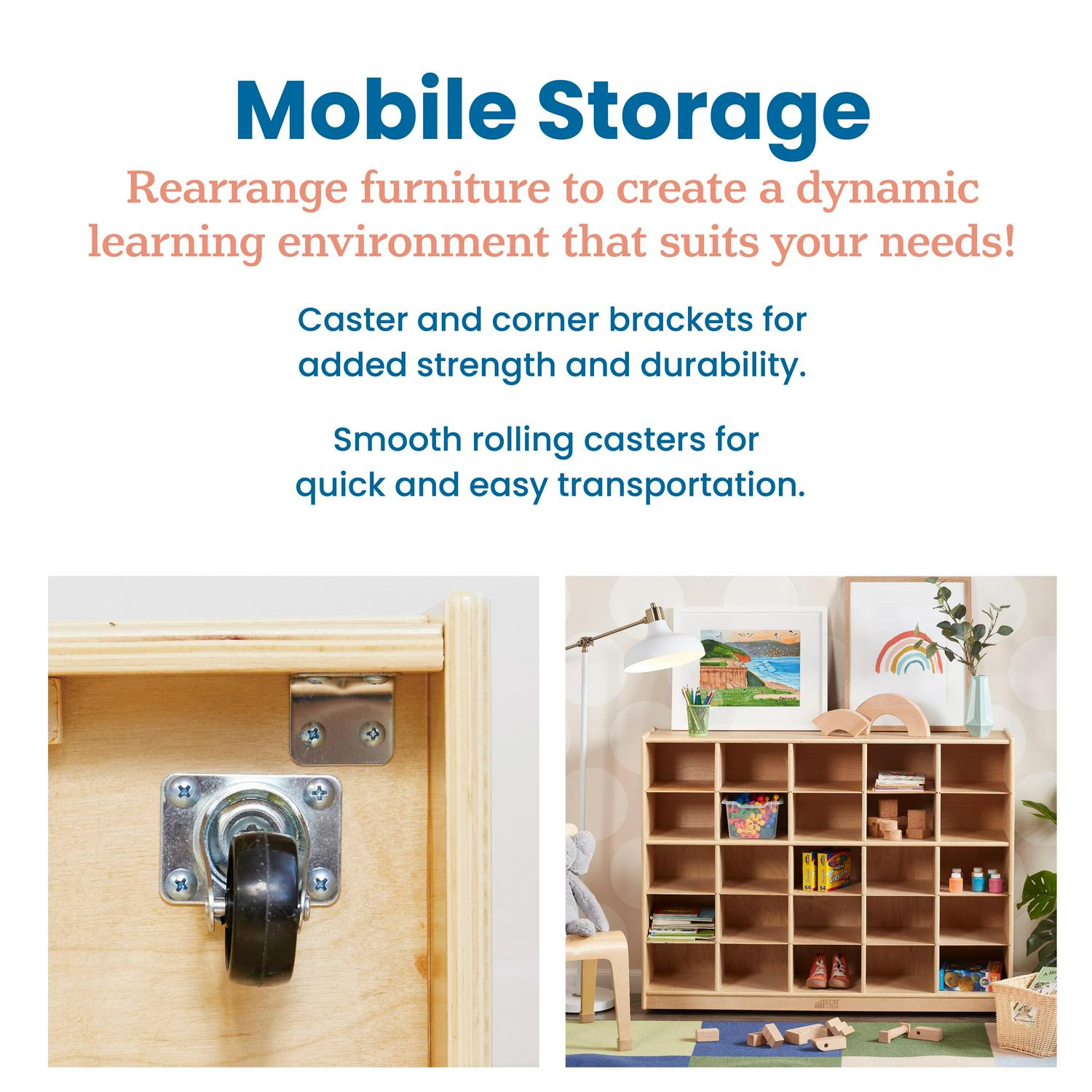 ECR4Kids 25 Cubby Mobile Tray Storage Cabinet, 5x5, Natural - Image 6