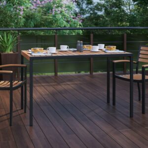 BizChair Outdoor Dining Table with Synthetic Teak Poly Slats - 30" x 48" Steel Framed Restaurant Table with Umbrella Holder Hole