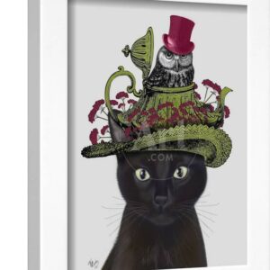 Black Cat with Teapot and Owl, Animals Framed Art Print Wall Art by Fab Funky Sold by Art.Com