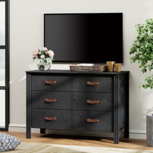 Black Dresser TV Stnd for 43 Inch TV, Wood Entertainment Center with 6 Drawers, Storage Cabinet for Living Room, Hallway