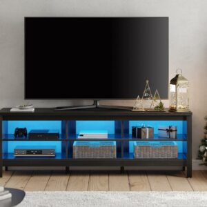 Black TV Stand with LED Lights for 75 Inch TV, Farmhouse TV Cabinet with 6 Storages, Living Room TV Console Table Entertainment Center, 70 inch