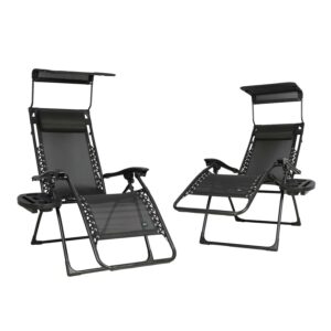 Bliss Hammocks Set of 2 Gravity Free Chairs W/ Canopy, Drink Tray, and Pillow, 26-in. Wide, Weather & Rust Resistant, 300 lb. Capacity (Black)