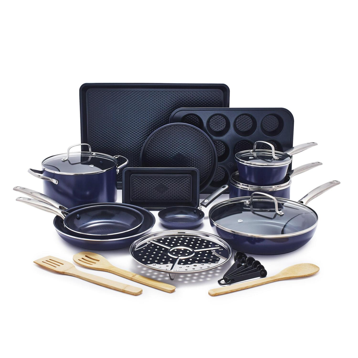 Blue Diamond 20 Piece Ceramic Nonstick Cookware Set, Toxin Free, Dishwasher Safe, Oven Safe, Blue