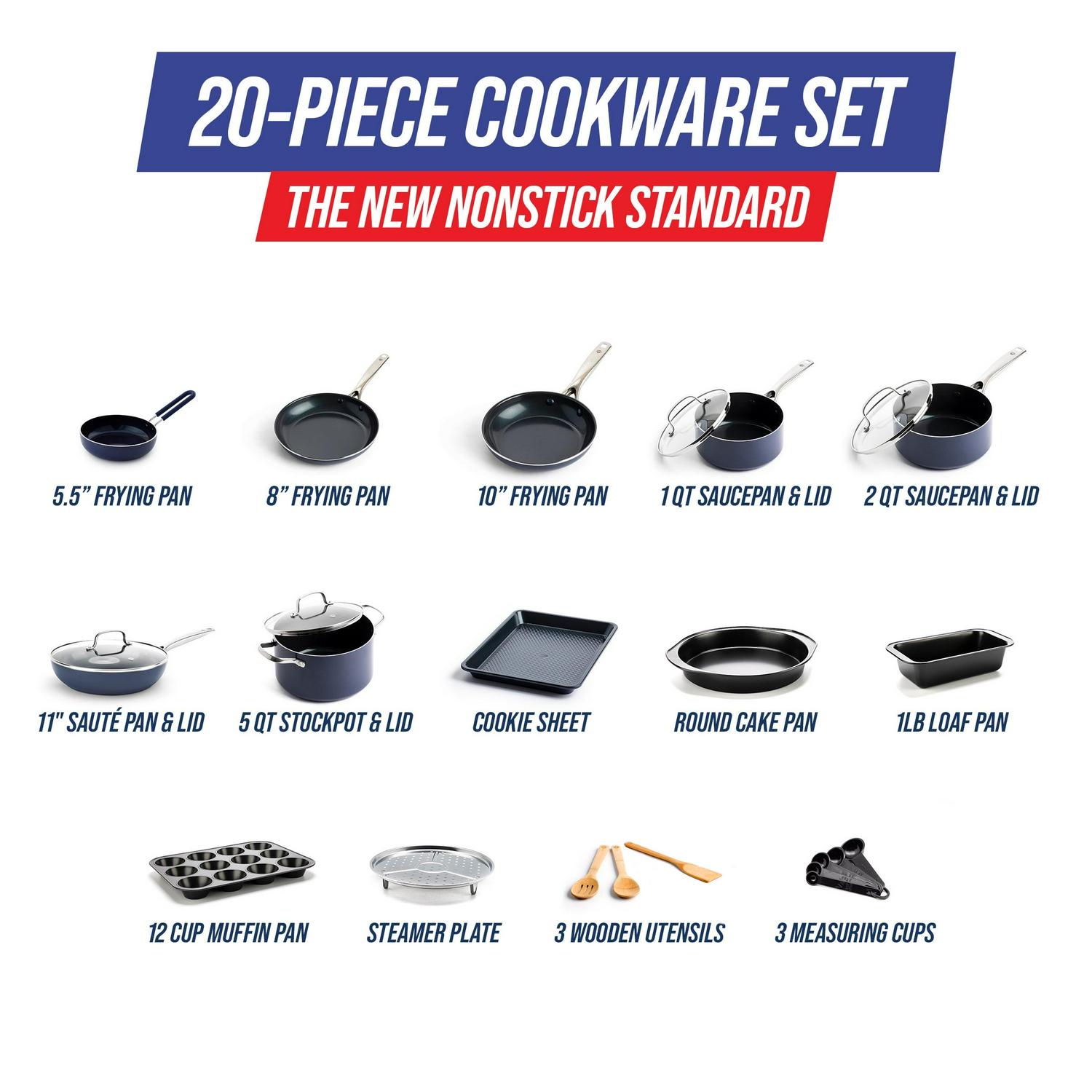 Blue Diamond 20 Piece Ceramic Nonstick Cookware Set, Toxin Free, Dishwasher Safe, Oven Safe, Blue - Image 3