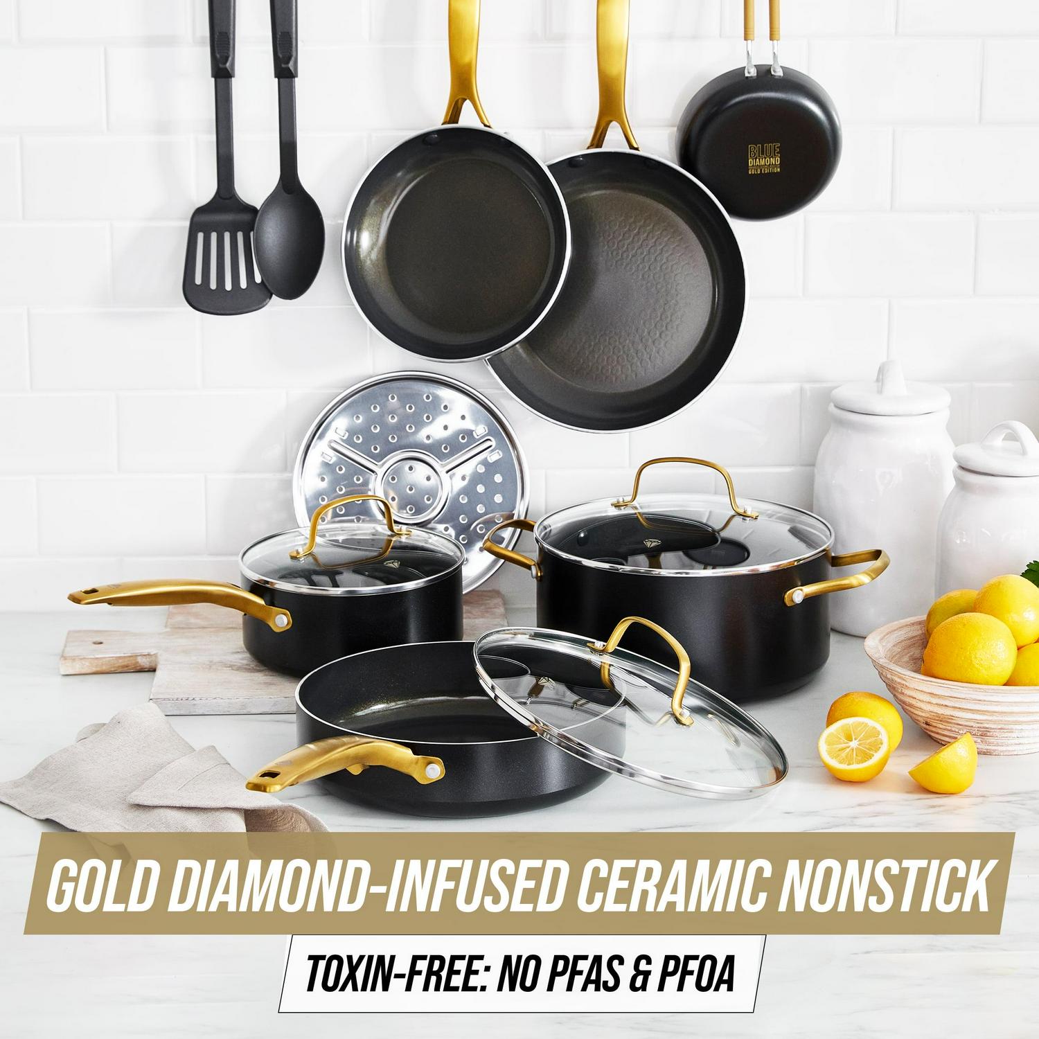 Blue Diamond Gold Edition Ceramic Nonstick 12 Piece Cookware Set, Gold - Image 3