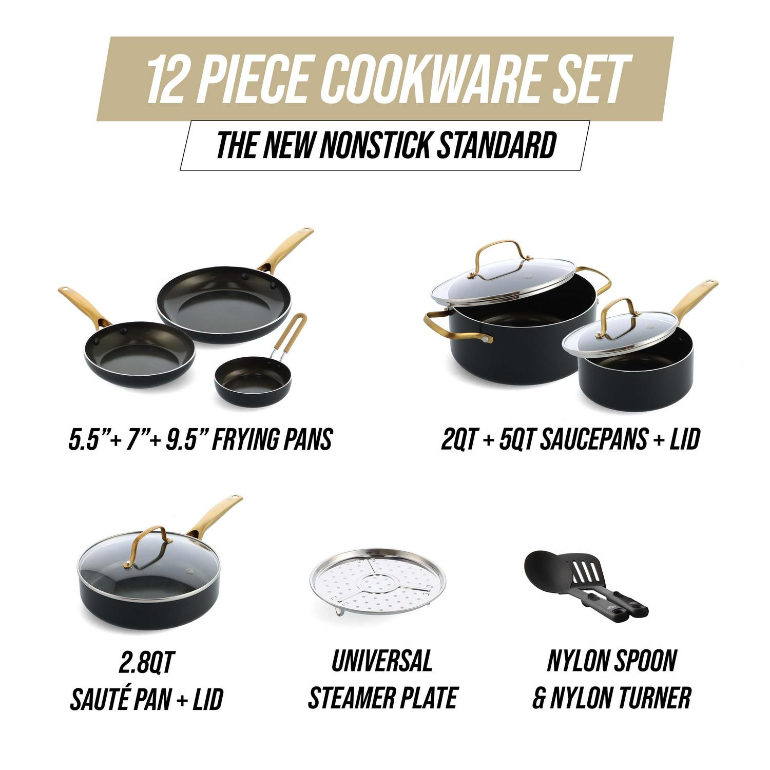Blue Diamond Gold Edition Ceramic Nonstick 12 Piece Cookware Set, Gold - Image 6