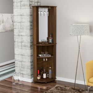 Boahaus Glasgow Tall Corner Bar Cabinet with Glass Door, Wine Rack & Mirrored Back, Brown