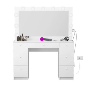 Boahaus Freya Lighted Makeup Vanity with Bluetooth Speakers, 7 Drawers, Charging Station