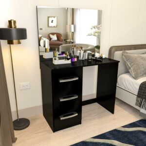 Boahaus Kira Modern Makeup Vanity Table with 3 Drawers, Wide Mirror, Black Painted, for Bedroom