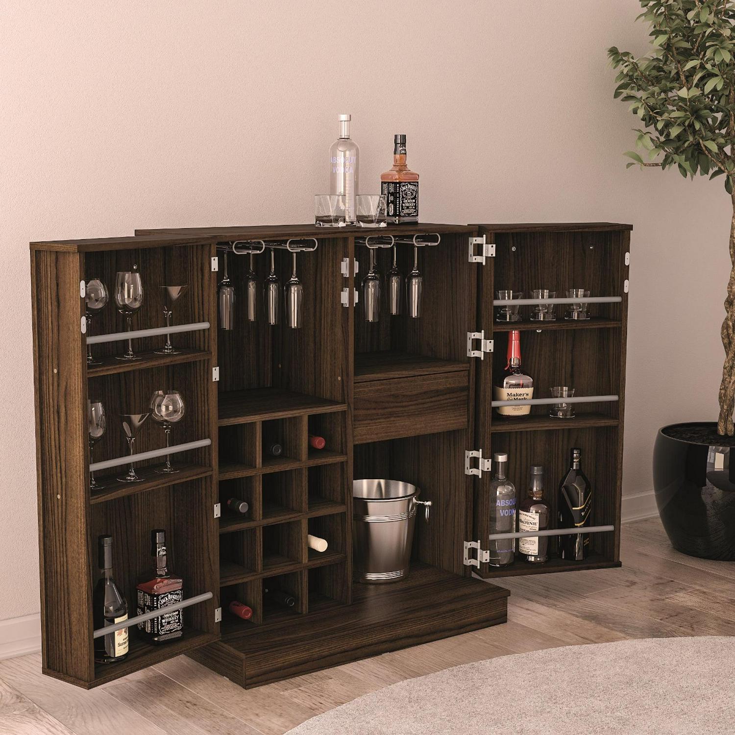 Boahaus Liverpool Modern Bar Cabinet, Wine Storage, 2 Doors, 1 Drawer, Brown