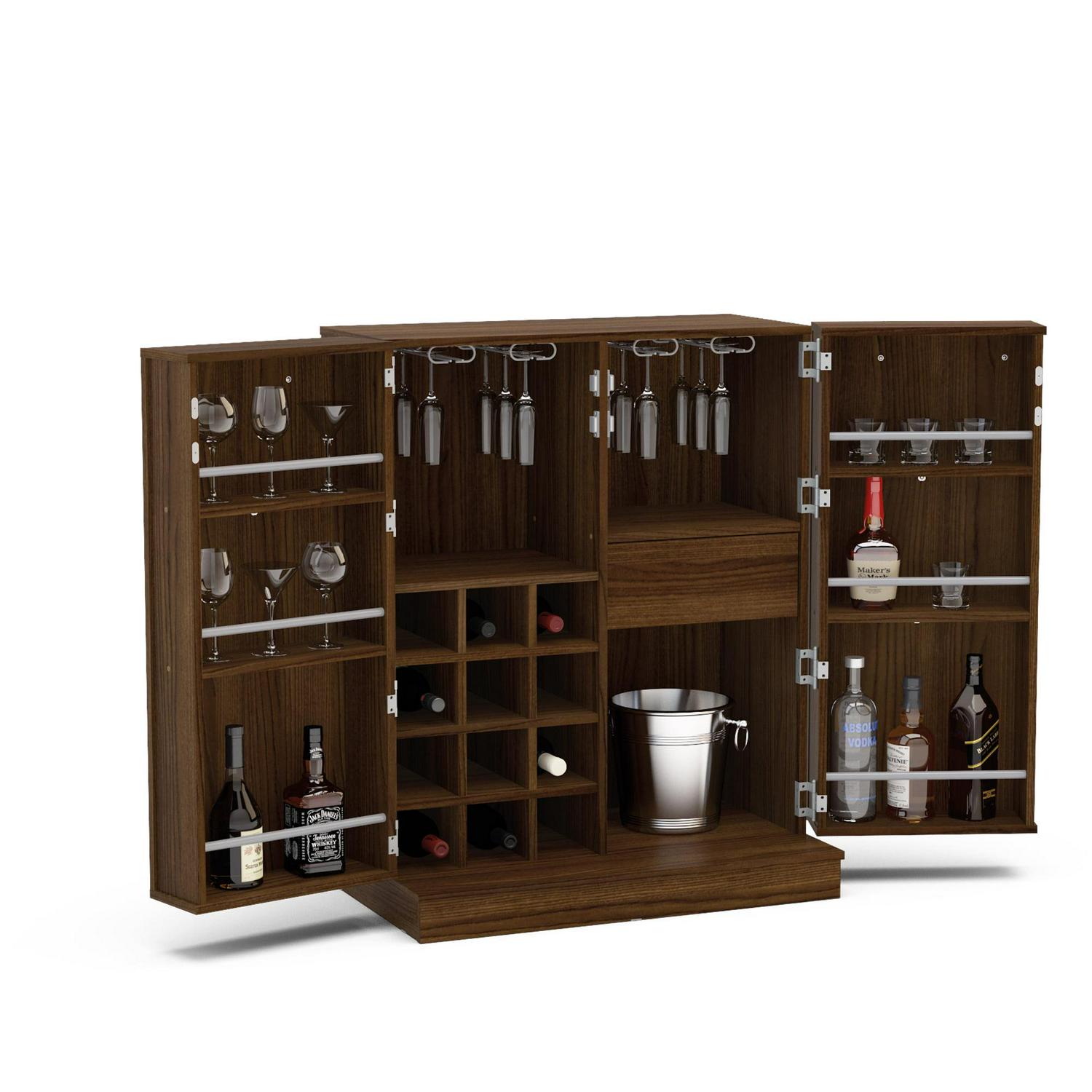 Boahaus Liverpool Modern Bar Cabinet, Wine Storage, 2 Doors, 1 Drawer, Brown - Image 3