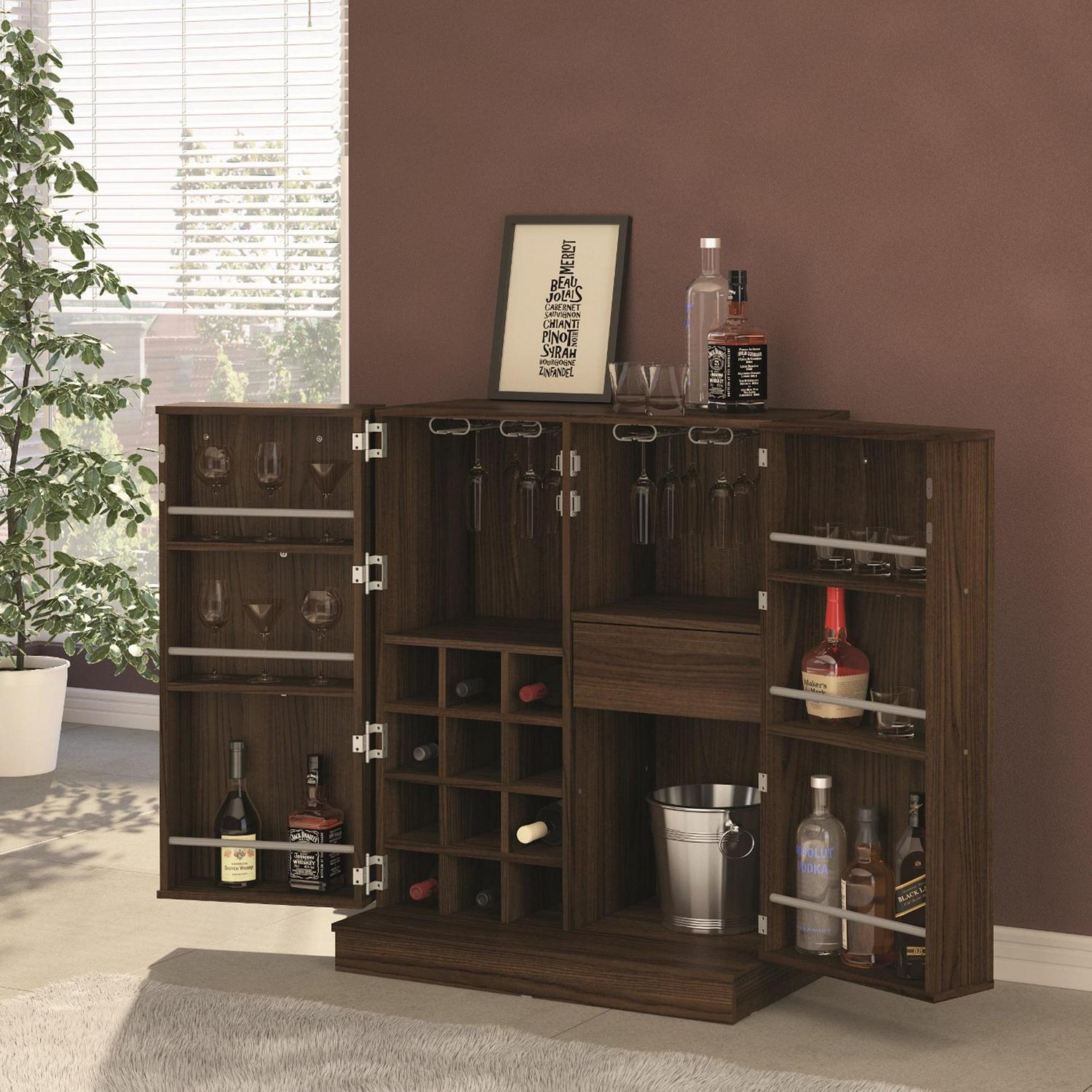 Boahaus Liverpool Modern Bar Cabinet, Wine Storage, 2 Doors, 1 Drawer, Brown - Image 2