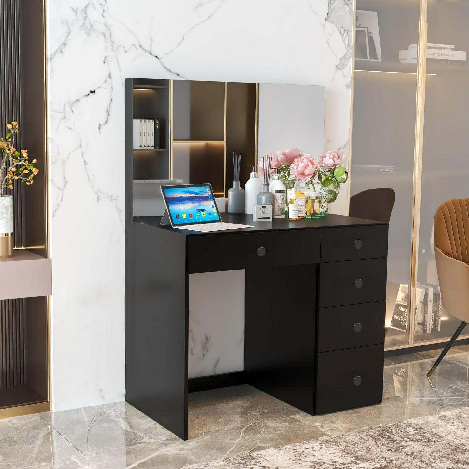 Boahaus Matilda Makeup Vanity Desk, Black Crystal-Ball-Knobs - Image 4