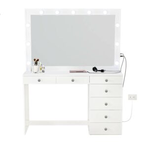 Boahaus Modern Lighted Vanity Desk with Bluetooth Speakers & Crystal Knobs, White