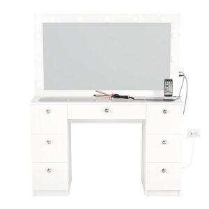 Boahaus Modern Yara Makeup Vanity Table Set with Mirror, 7 Drawers, White, Built-in Lights