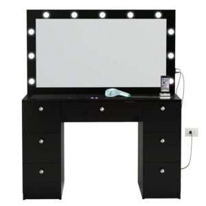 Boahaus Modern Yara Makeup Vanity Table with Mirror, 7 Drawers, Black, Built-In Lights, for Bedroom