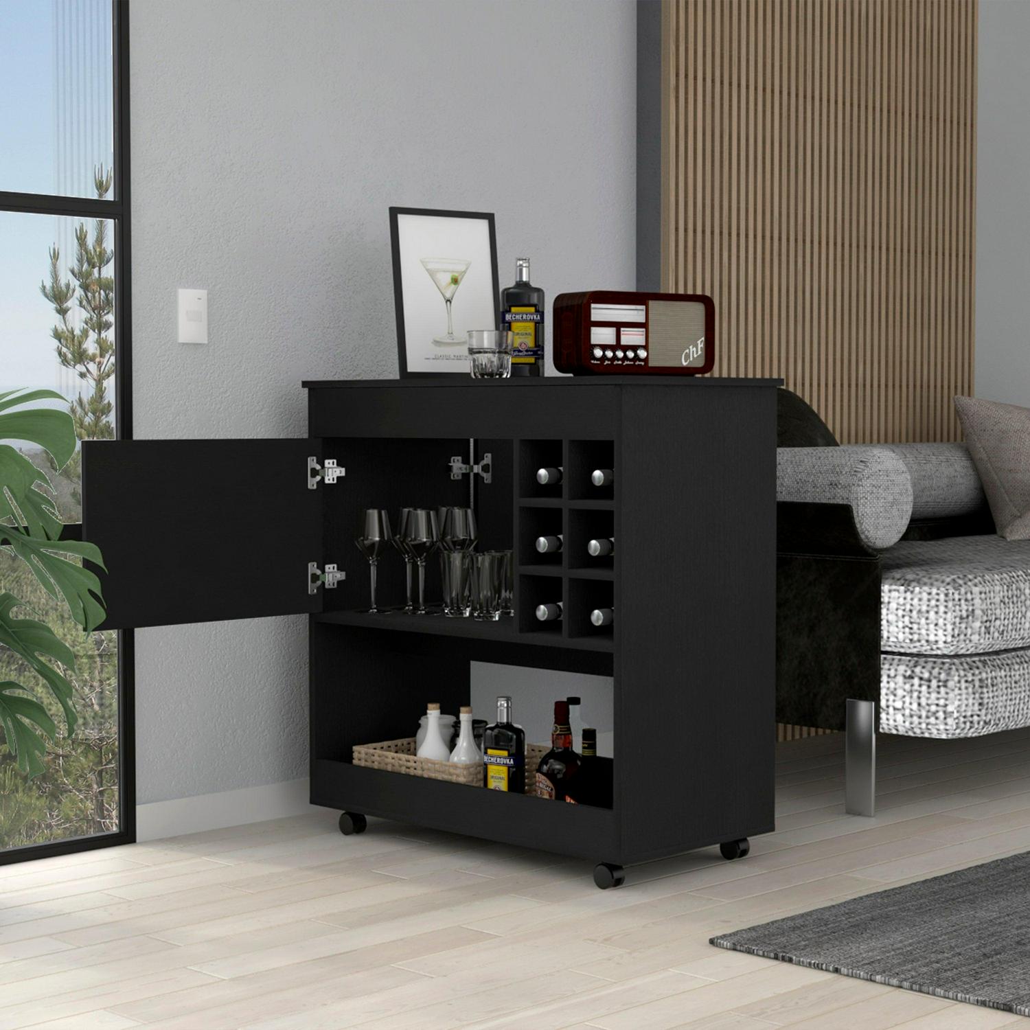 Boahaus Salisbury Modern Bar Cabinet, One Open Shelf, One Cabinet, Black Wengue - Image 2