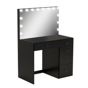 Boahaus Saranya Makeup Vanity Table with 5 Drawers, Light Bulbs, Standing Mirror, Black