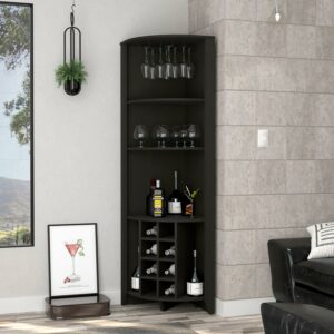 Boahaus Stanley Modern Bar Cabinet, 5 Open Shelves, Wine Glass Rack, Black Wengue