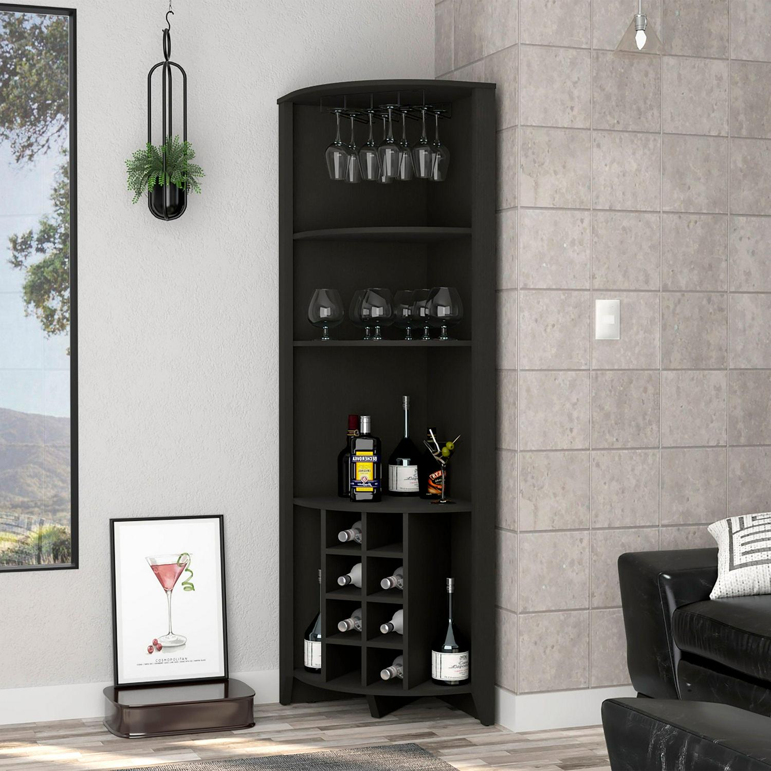 Boahaus Stanley Modern Bar Cabinet, 5 Open Shelves, Wine Glass Rack, Black Wengue